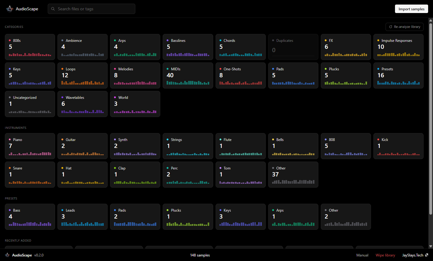The AudioScape library browser: 19 categories, an instruments dimension, and presets, every tile showing a waveform preview.